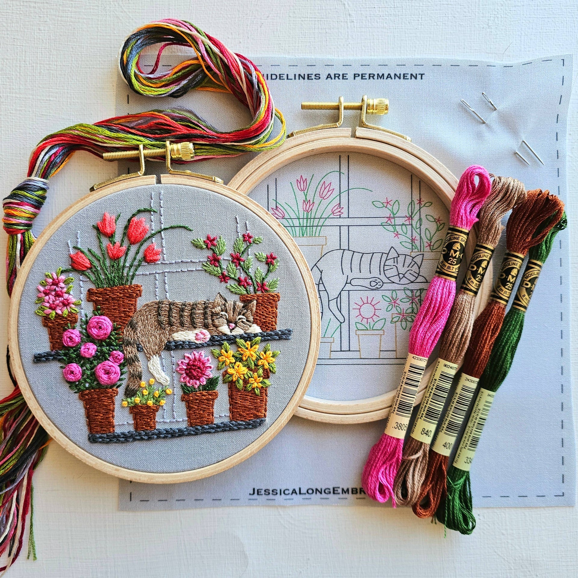 Catnap with Flowers Embroidery Kit by Jessica Long