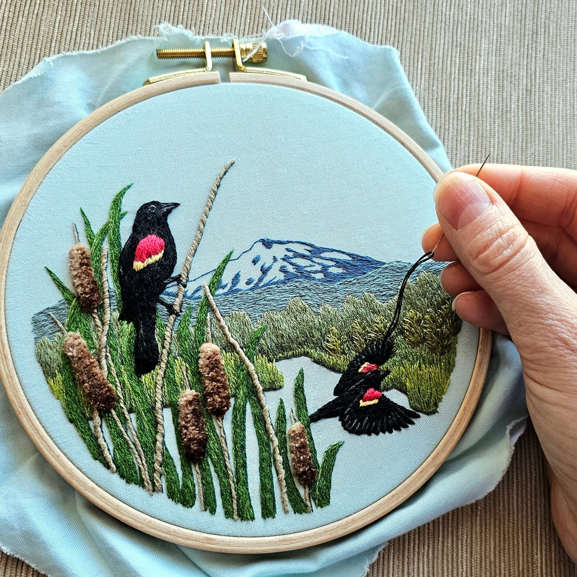 Red-Winged Blackbirds Embroidery Kit by Jessica Long