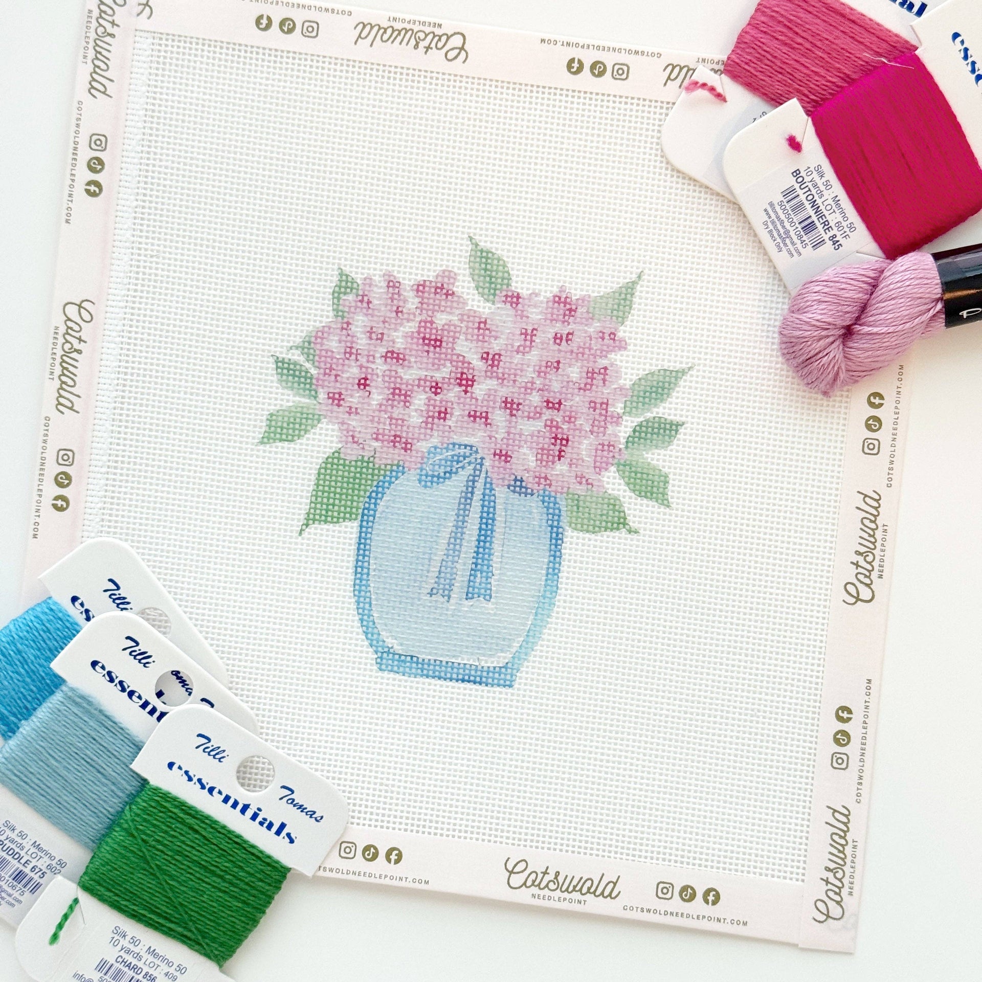 Pink Hydrangea Flower Vase Needlepoint Canvas