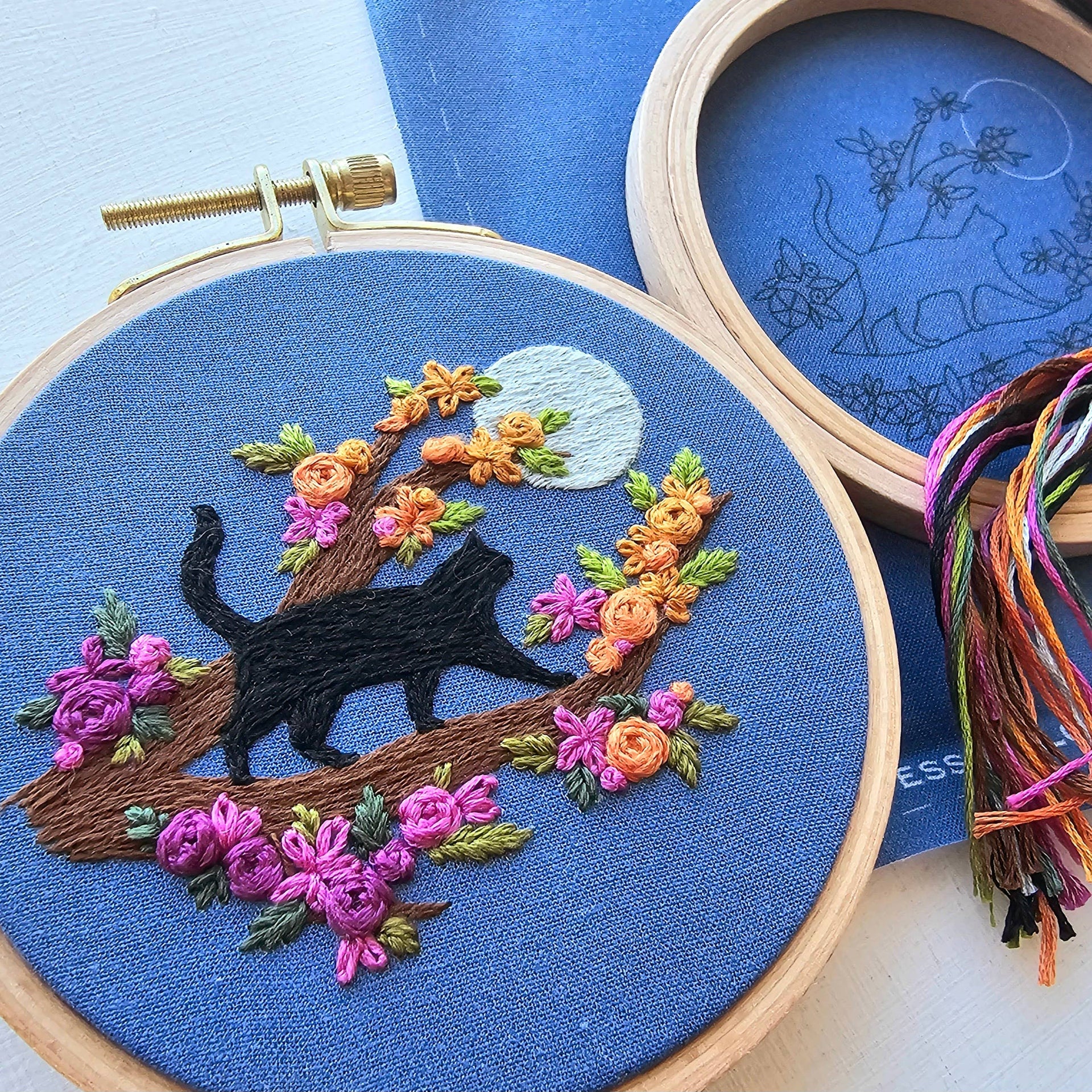 Mini Black Cat & Full Moon Embroidery Kit by Jessica Long