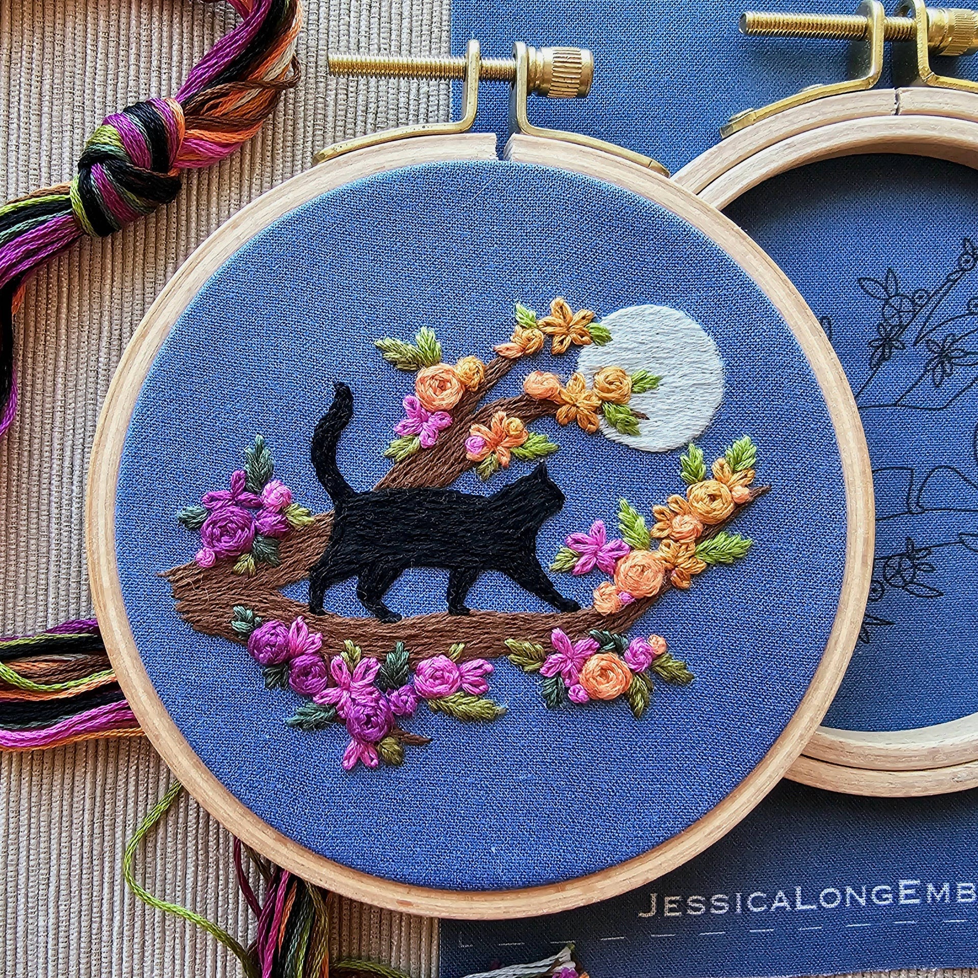 Mini Black Cat & Full Moon Embroidery Kit by Jessica Long