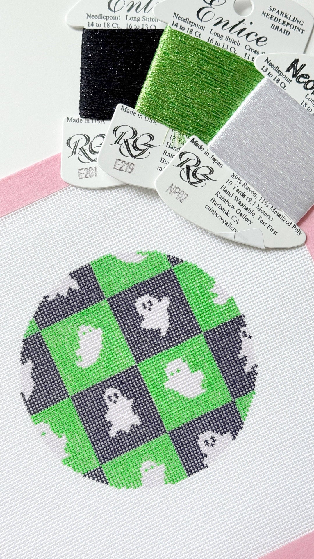 Checkered Ghost Round Halloween Needlepoint Canvas