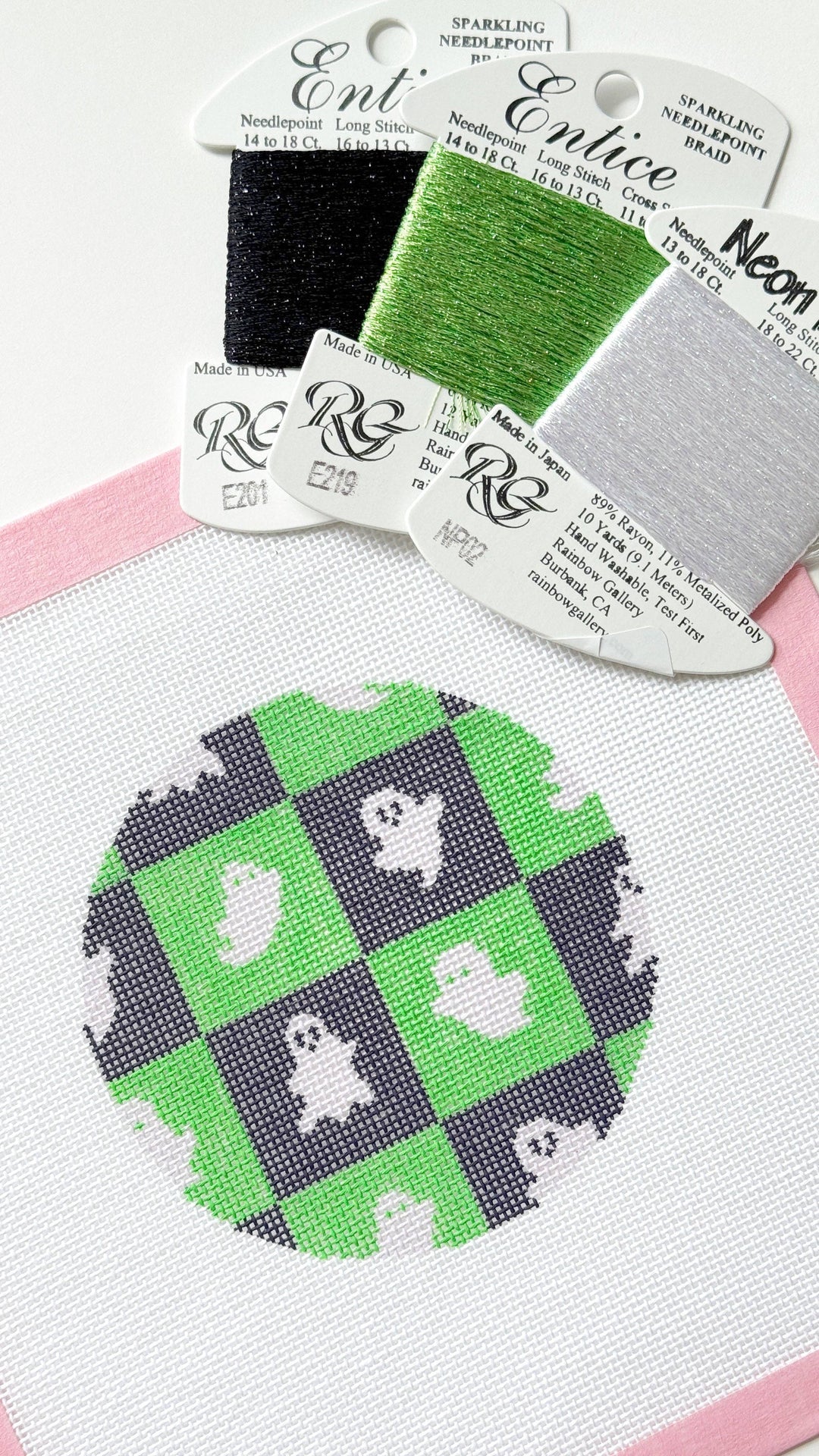 Checkered Ghost Round Halloween Needlepoint Canvas